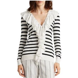 Ralph Lauren Classic Ruffle-Trim Striped Cardigan Pale Cream Polo Black …